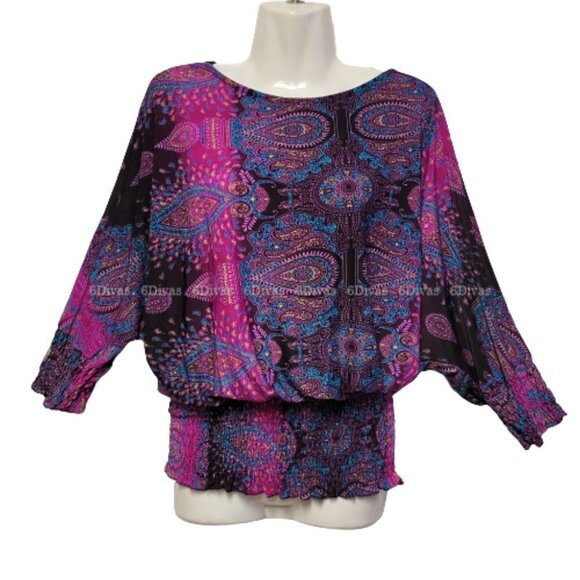 PURPLE Paisley Top Dolman Sleeve Blouse Top- One Size Fits Most - Picture 2 of 12